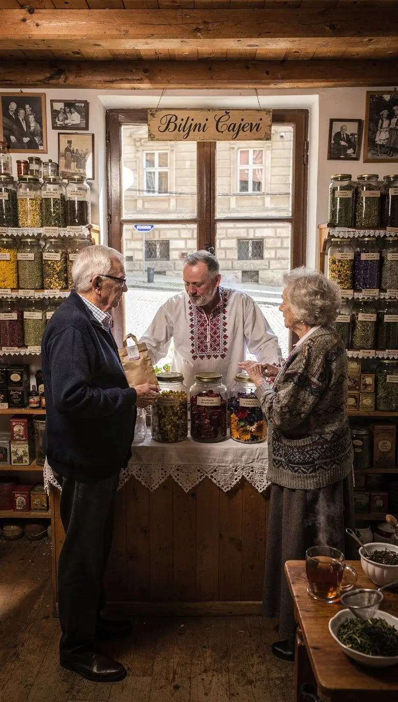 Različite vrste čajeva prikazane u staklenim posudama na drvenom stolu.