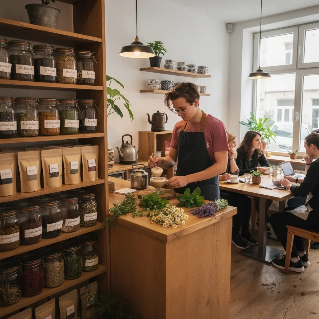 Ručna priprema čaja u starinskoj kuhinji s drvenim namještajem.