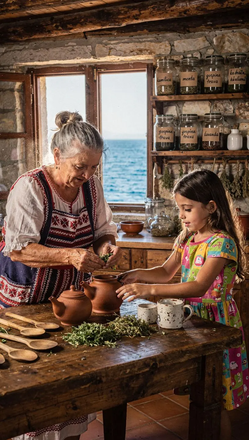 Tradicijski način posluživanja čaja na starinskom stolu s ručno izrađenim keramičkim šalicom.